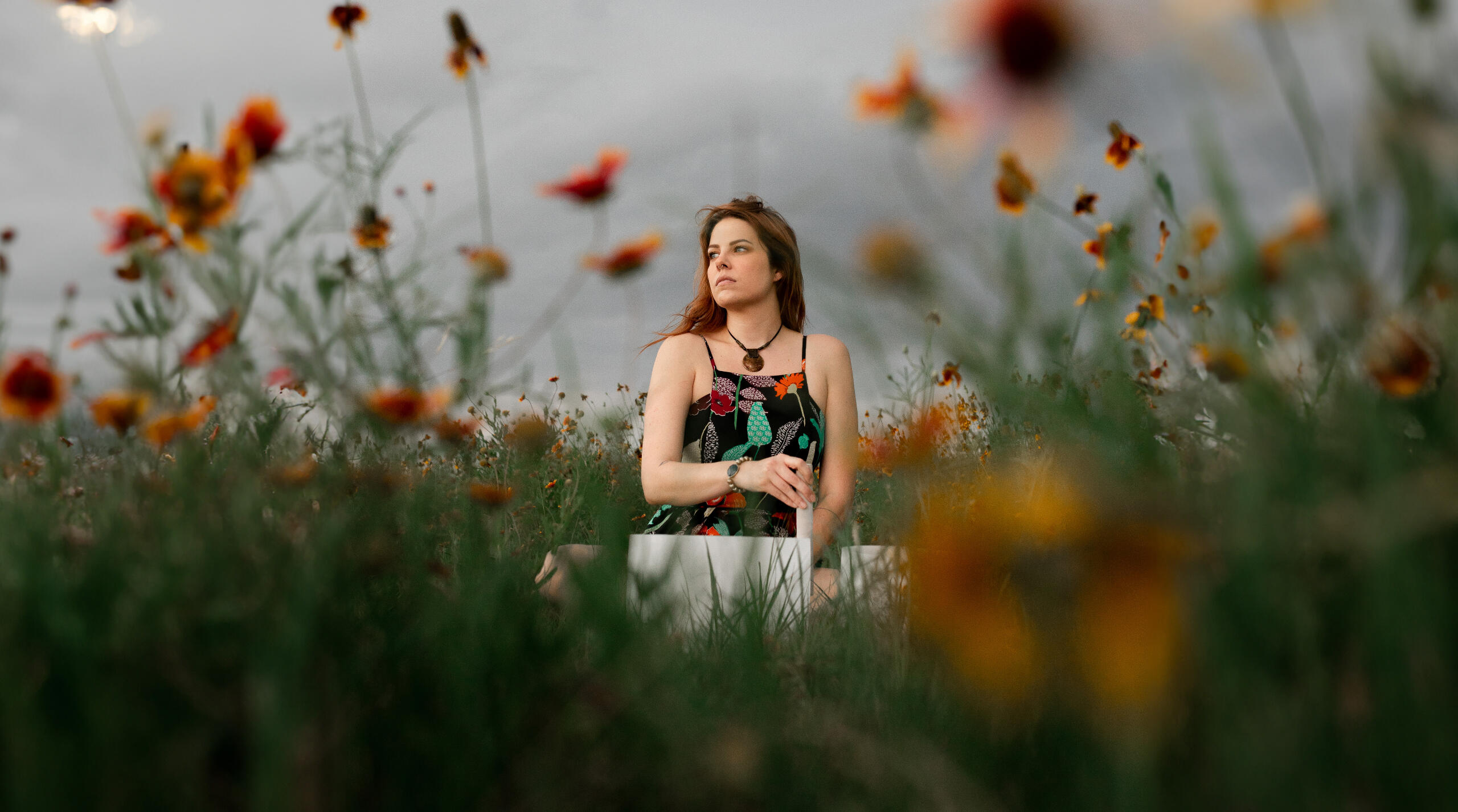Paige seated in tall Texas wildflowers